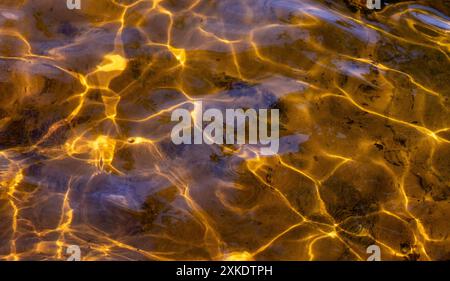 Golden wavy water reflections. Dynamic background texture. Stock Photo