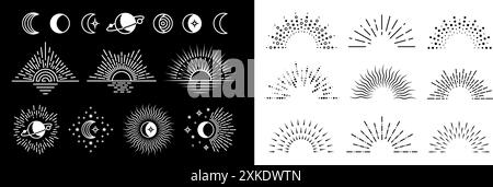 Linear moon sun rays set. Design constructor kit with different line ray, stars and boho style astronomy elements. Sunrise or sunset icons, vector Stock Vector