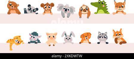 Cartoon animals holding banner. Wild animal looking out, peeping and peeking. Bear koala rabbit raccoon panda cat and fox, classy vector design Stock Vector