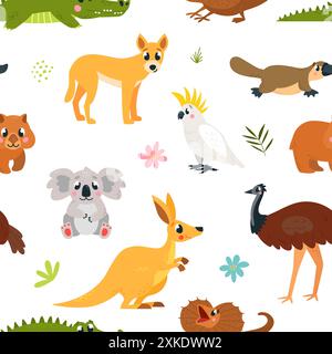 Australian animals seamless pattern. Funny animal exotic fauna. Cute cartoon childish wild characters. Fabric wallpaper wrapping classy vector print Stock Vector