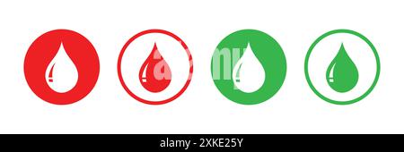 Water or blood drop vector icon set in red and green color. Vector illustration. Water drops icon set. Water droplets icon collection in the circle. Stock Vector