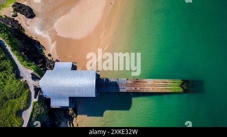 Top down aerial view of a lifeboat launch ramp at Tenby, Wales Stock Photo