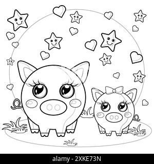 Coloring page for kids and adults. Mermaid colouring book. Cute pigs concept. Flora and fauna, nature. Cartoon outline vector illustration. Children's Stock Photo