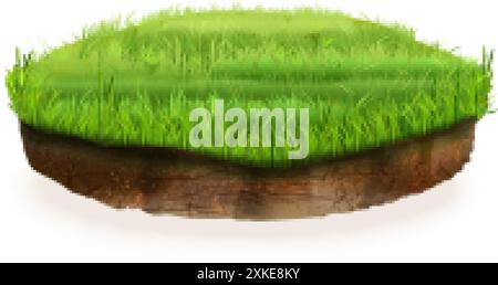 Realistic soil piece. 3d land circle plot pieces, floating isolated ground slice lawn green grass, backyard field meadow piece environment eco advertising exact vector illustration authors graphics Stock Vector