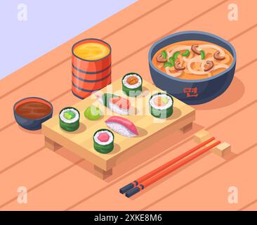 Isometric japanese dinner. Japanese cookery lunch serving, rice or noodles plate sushi roll sashimi salmon fish japan food seafood delivery menu, cartoon neat vector illustration authors graphics Stock Vector