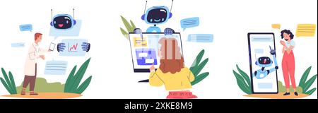 Chatbot answer customer. Robot assistant support service for people, ai technology user help internet online chat assistance in smartphone app or computer, vector illustration authors graphics Stock Vector