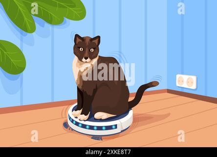 Cat on robot cleaner. Funny cute pet at vacuum cleaners domestic smart home technology, automatic household appliance kitten robotic machine clean floor, neat vector illustration authors graphics Stock Vector