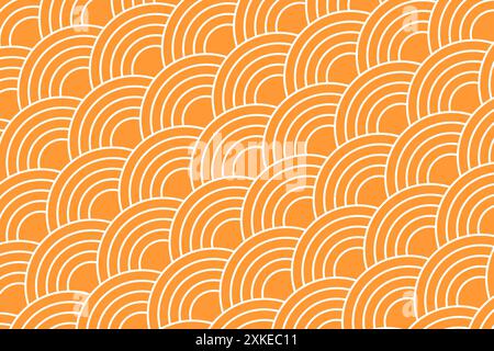 Oriental diagonal ornament with orange round or arch shapes. Japanese seigaiha pattern. Scallops print. Fish squama, snake or dragon scale. Repeating suns background. Vector flat illustration. Stock Vector