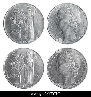 Isolated photo of 100 Italian 1959 and 1979 lire stainless steel coin of Republica Italiana 1946-2001 on white background. Stock Photo