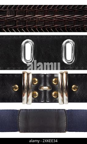Seamless isolated photo of black and brown colored leather belt straps with brass rivets or buttons and buckles on white background. Stock Photo