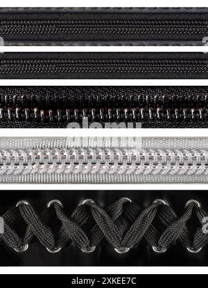 Seamless isolated photo of black and white colored zippers and corset braid on white background. Stock Photo
