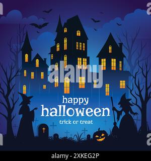 Happy Halloween haunted witch house at night with full moon, flying bats, tombstones and scary pumpkins Stock Vector