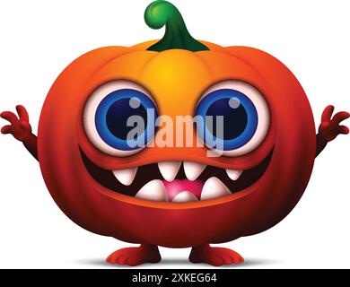 Cartoon Pumpkin monster, happy halloween clipart with big bulging eyes, smiling with teeth and fangs Stock Vector