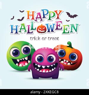 Happy Halloween background with 3D Funny Cartoon Monsters illustration Stock Vector