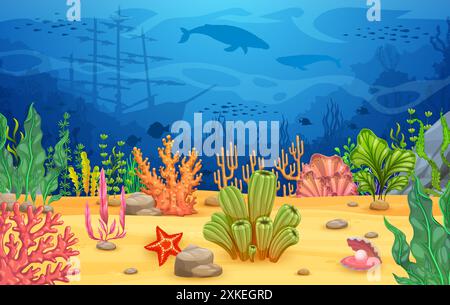 Underwater game landscape with whale silhouettes, corals and algae ...