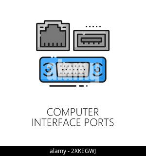Computer interface ports software color line icon. Computer system hardware driver, web network data or software linear vector symbol with PC LAN, USB Stock Vector