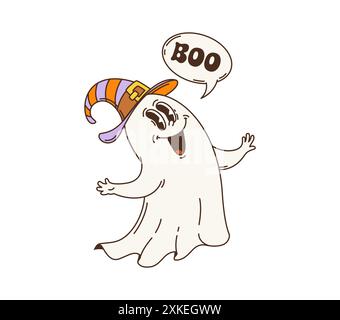 Cartoon groovy Halloween ghost character with boo, vector retro funky comic. Halloween horror night holiday groovy ghost in witch hat with funny smili Stock Vector