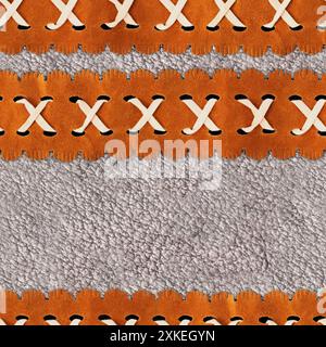 Seamless 4k photo texture photo of gray colored leather material with light brown suede patterned ribbon or belts. Stock Photo