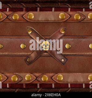 Seamless 4k photo texture photo of brown colored various leather material with straps and belts with skull. Stock Photo
