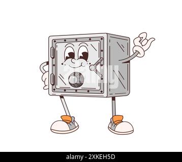 Cartoon retro groovy strongbox safe vault character with smiling face, arms and legs. Isolated vector steel and sturdy box hippie personage guards sec Stock Vector