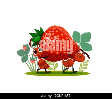 Cartoon ants carry strawberry for food in meadow grass, vector funny insect characters. Happy smiling ants carrying strawberry berry to anthill nest w Stock Vector