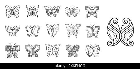 Butterfly insect line icon. Vector silhouettes of abstract butterflies and moths with open wings, decorated with elegant geometric pattern. Trendy lin Stock Vector