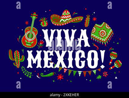 Viva Mexico banner with sombrero, guitar and poncho, Mexican holiday ...