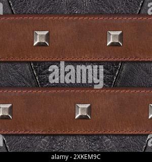 Seamless 4k photo texture photo of brown colored leather belts with metal rivets on black skin material surface with stitching. Stock Photo