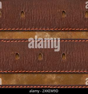 Seamless 4k photo texture photo of brown colored leather perforated belts on brown leather material surface with stitching. Stock Photo