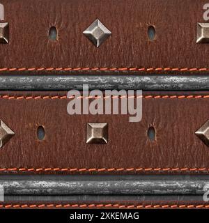 Seamless 4k photo texture photo of brown colored leather perforated belts with rivets on black leather material surface with stitching. Stock Photo