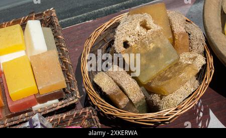 Collection of bars of fragrant hand made organic soap Stock Photo