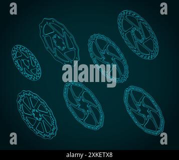 Stylized vector illustration of Bicycle disc brakes isometric drawings Set Stock Vector