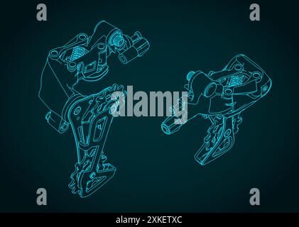 Stylized vector illustration of isometric technical drawings of a bicycle rear derailleur Stock Vector