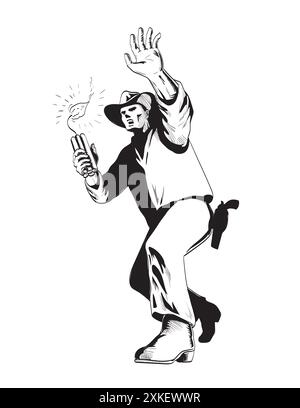 Comics style drawing or illustration of a cowboy throwing a bunch of dynamite stick or TNT viewed from the front in low angle on isolated background i Stock Vector
