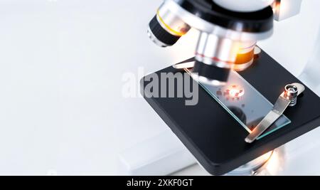 Medical laboratory, scientist hands using microscope for chemistry test samples, examining samples and liquid. Medical equipment. Scientific and healt Stock Photo