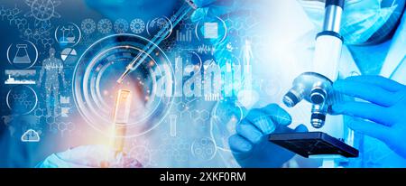 Research and developement concept background of scientist or reseacher using microscope in biotechnology laboratory  overlay with DNA strand and molec Stock Photo