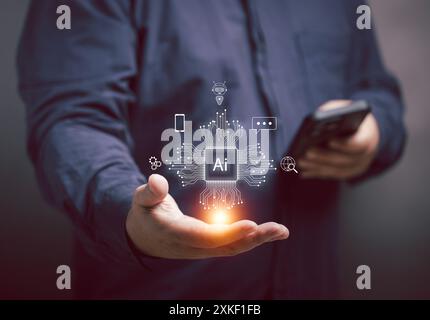 A man uses a mobile phone to order tasks with AI to perform a variety of tasks in his hand. ai innovation artificial intelligence. futuristic, connect Stock Photo