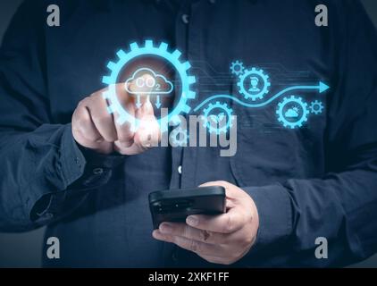 A man uses a mobile phone to order tasks to check carbon climate sustainable on the virtual screen. Eco earth environment and pollution change. Global Stock Photo