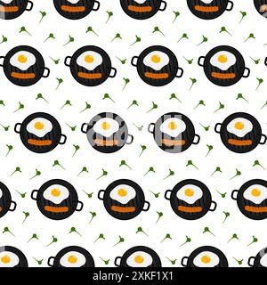 Fried egg with yolk, sausage and greens in cast iron grill pan Seamless pattern. Isolated on white. Top view. Vector Background, wallpaper or menu cards, poster, banner or web, price tag, design idea Stock Vector