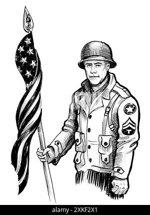 American soldier with a flag Ink black and white illustration Stock ...