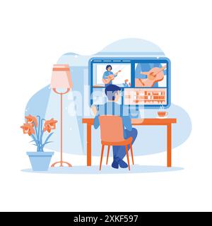 Content creator working on post-production on a film at home office at night. Using modern software on a laptop. Video Editor concept. trend modern ve Stock Vector