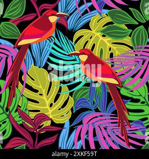 Seamless botanical pattern with rainforest plants and exotic birds. Vector illustration Stock Vector