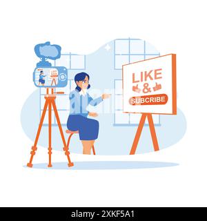 Young female vlogger creating video content at home. Vloggers ask online viewers to like and subscribe to their channels. Content Creator concept. tre Stock Vector