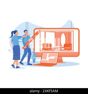 Two employees create office interior designs using laptop computers. Employee Making concept. trend modern vector flat illustration Stock Vector
