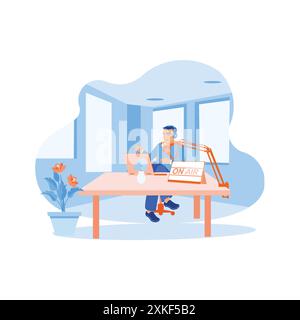 Young male content creator streams his podcast in the comfort of his home studio. He uses a microphone and laptop when broadcasting his podcast. Conte Stock Vector