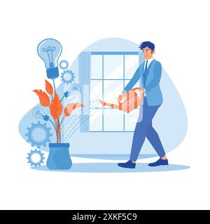 Businessman watering plants in pots. Symbolizes new business growth ideas. Growth Analysis Concept. trend modern vector flat illustration Stock Vector