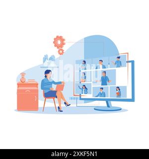 Female employees work using laptop computers. Hold online meetings with the webcam team to conduct briefings. Briefings concept. trend modern vector f Stock Vector