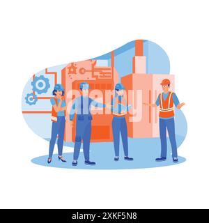 Chief engineer holding a meeting with colleagues in heavy industrial manufacturing. The chief engineer briefed the work concept. Briefings concept. tr Stock Vector