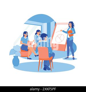 Female manager giving a presentation about the company's business strategy. Female managers and business partners exchange thoughts and share ideas. B Stock Vector