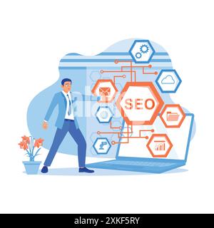 Male businessman using computer laptop to analyze SEO. Carry out online marketing through websites. SEO concept. trend modern vector flat illustration Stock Vector